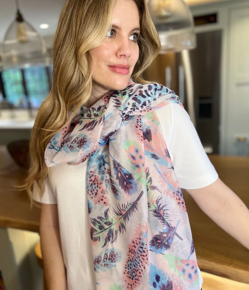 POM Pastel Feather Print Scarf - Image 6