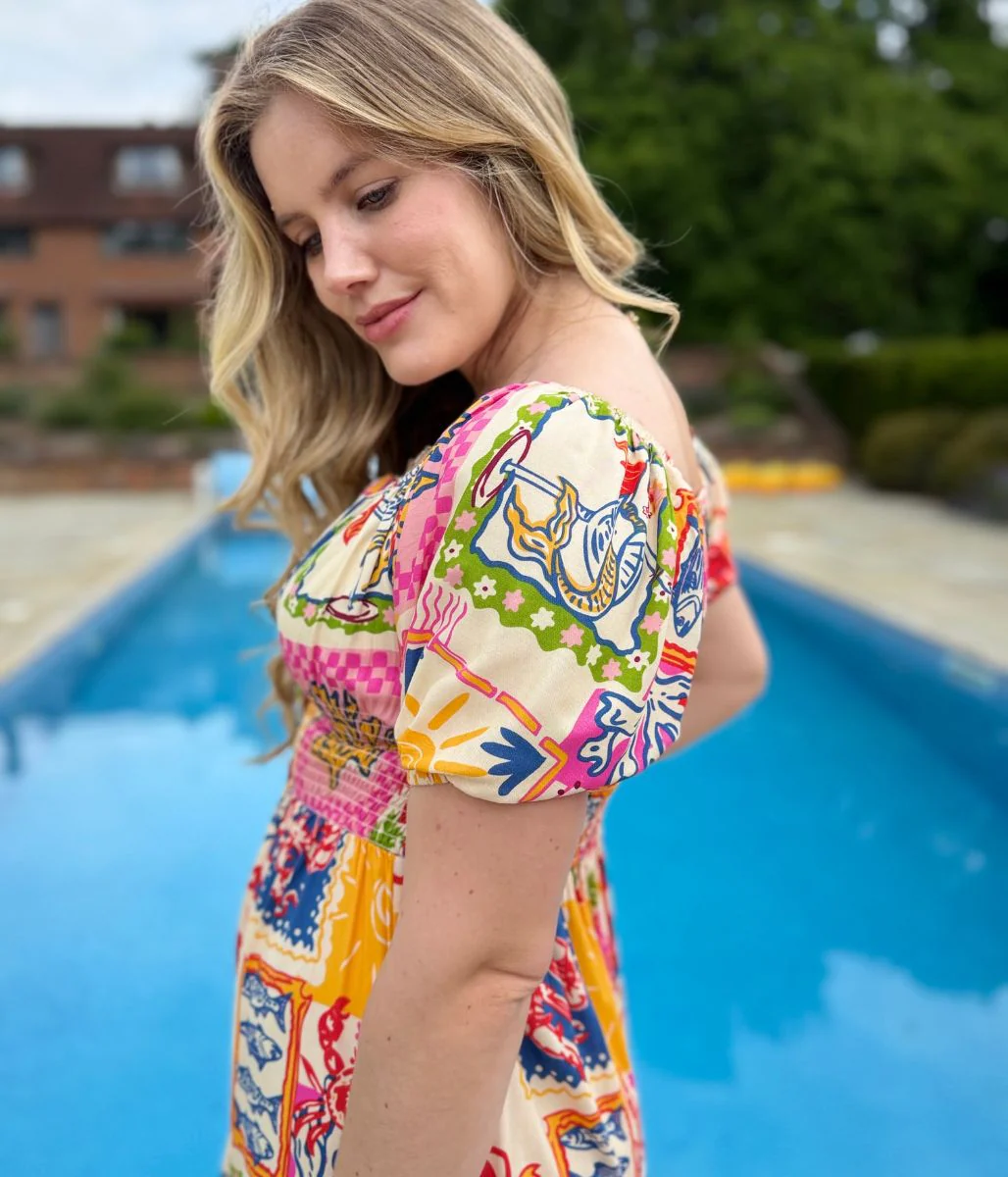 Postcard Print Shirred Midi Dress - Image 3