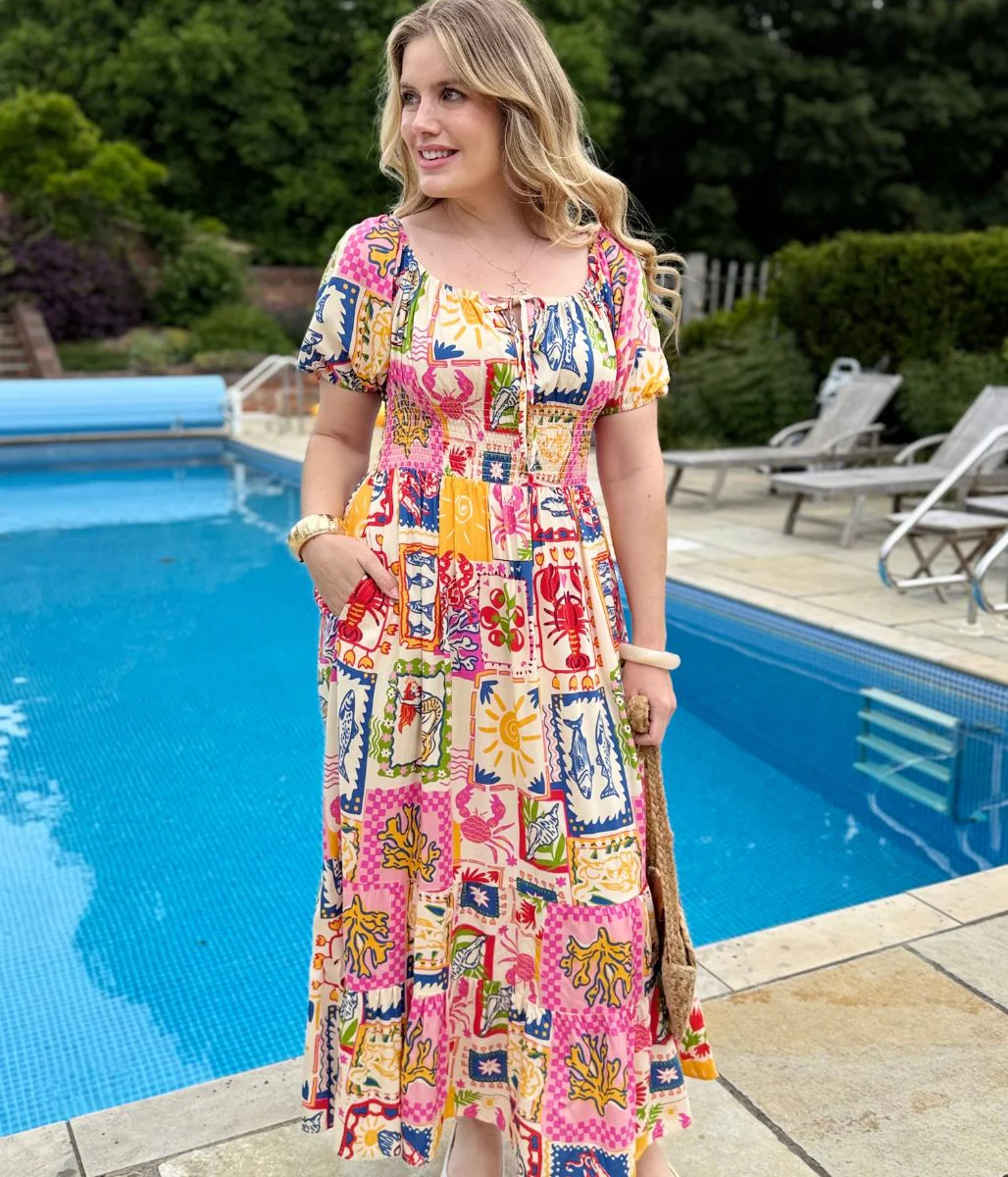 Postcard Print Shirred Midi Dress - Image 4