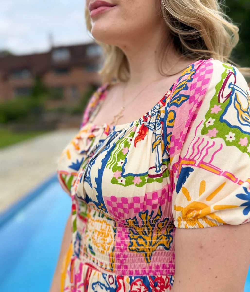 Postcard Print Shirred Midi Dress - Image 5