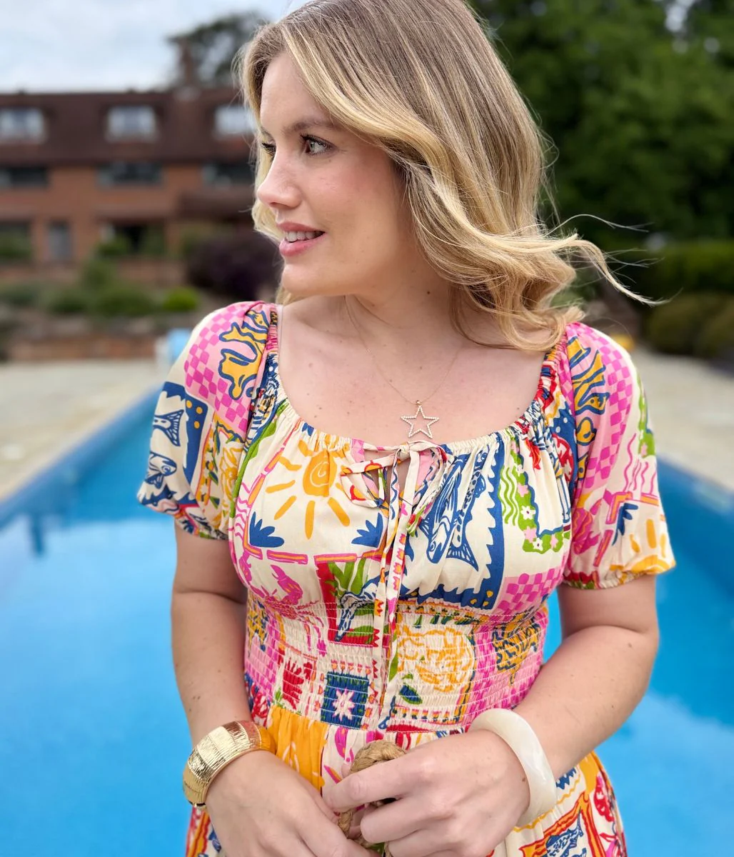 Postcard Print Shirred Midi Dress - Image 6