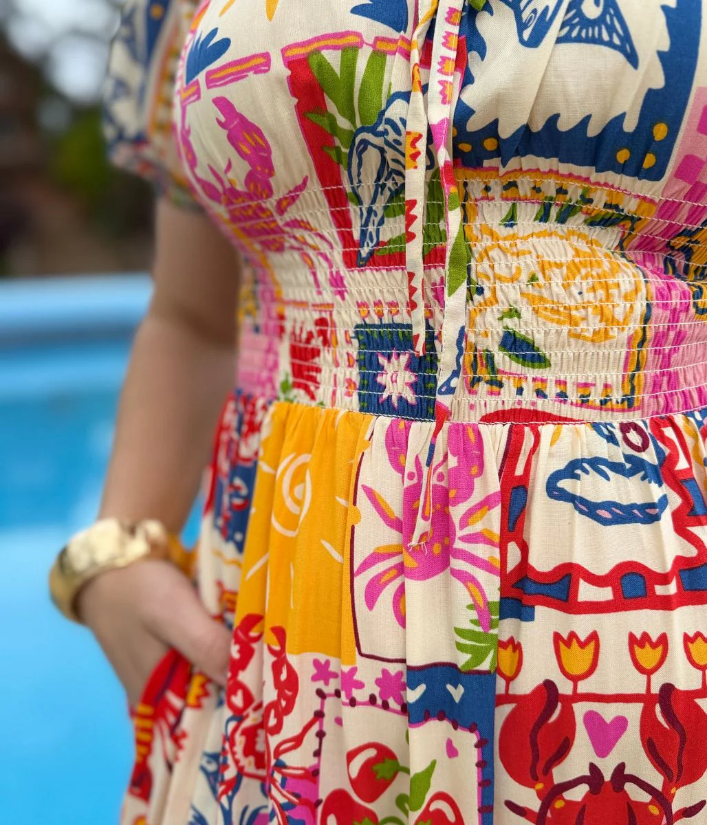 Postcard Print Shirred Midi Dress - Image 9