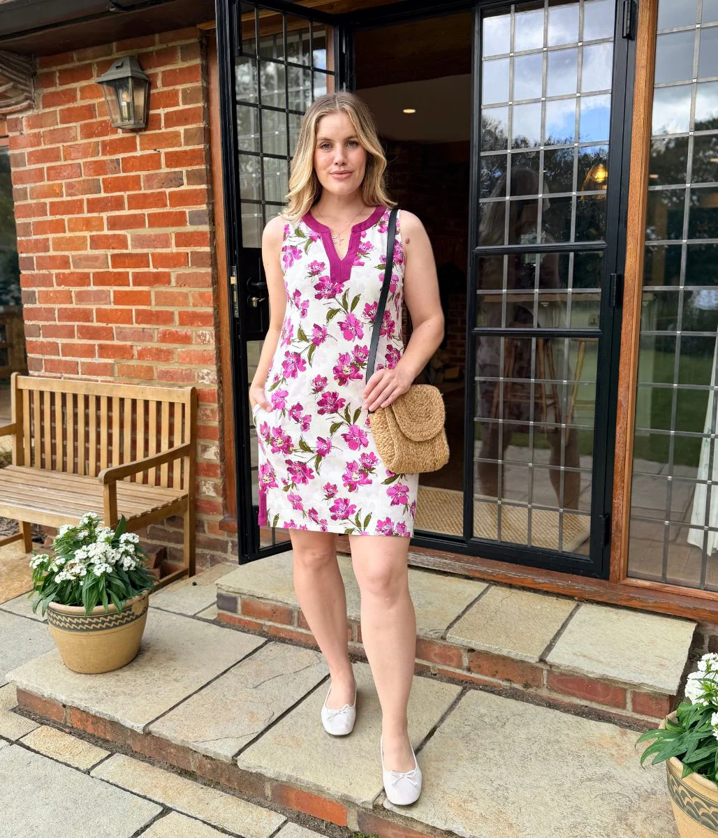Purple Floral Jersey Notch Neck Dress