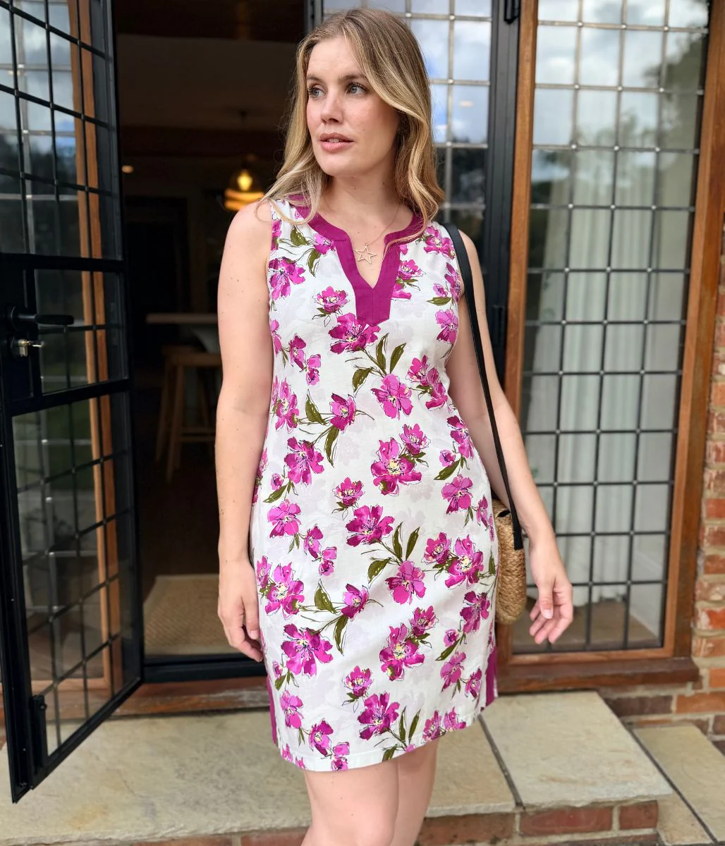 Purple Floral Jersey Notch Neck Dress - Image 2