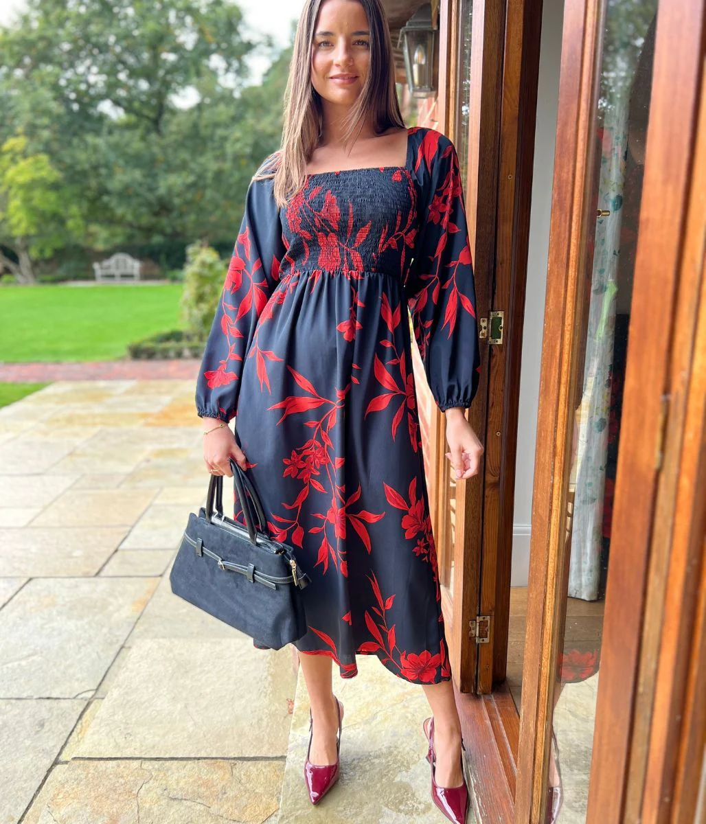 Red & Black Print Shirred Midi Dress - Image 10