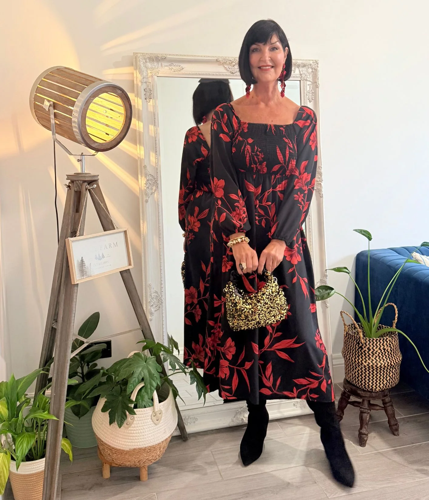 Red & Black Print Shirred Midi Dress - Image 4