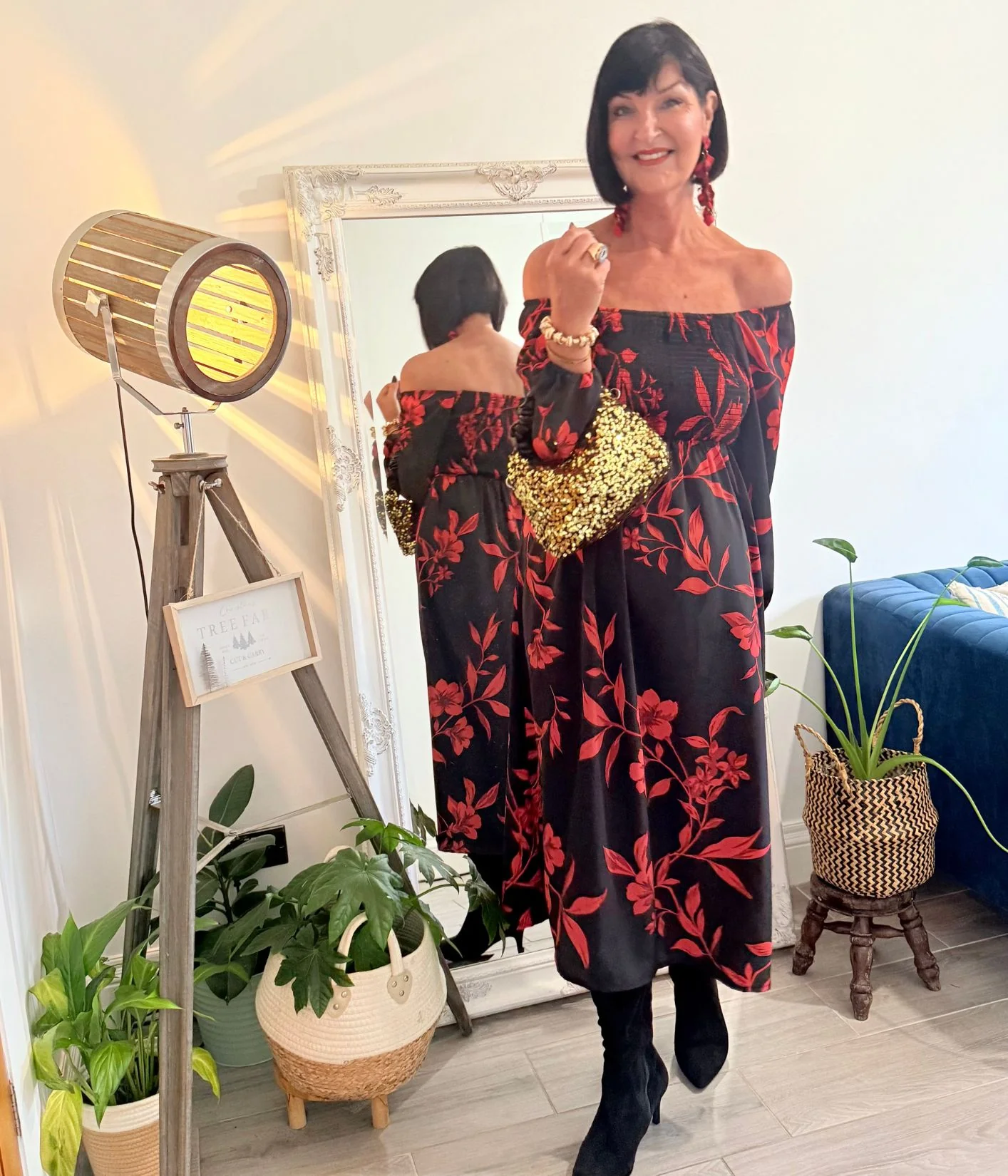 Red & Black Print Shirred Midi Dress - Image 5