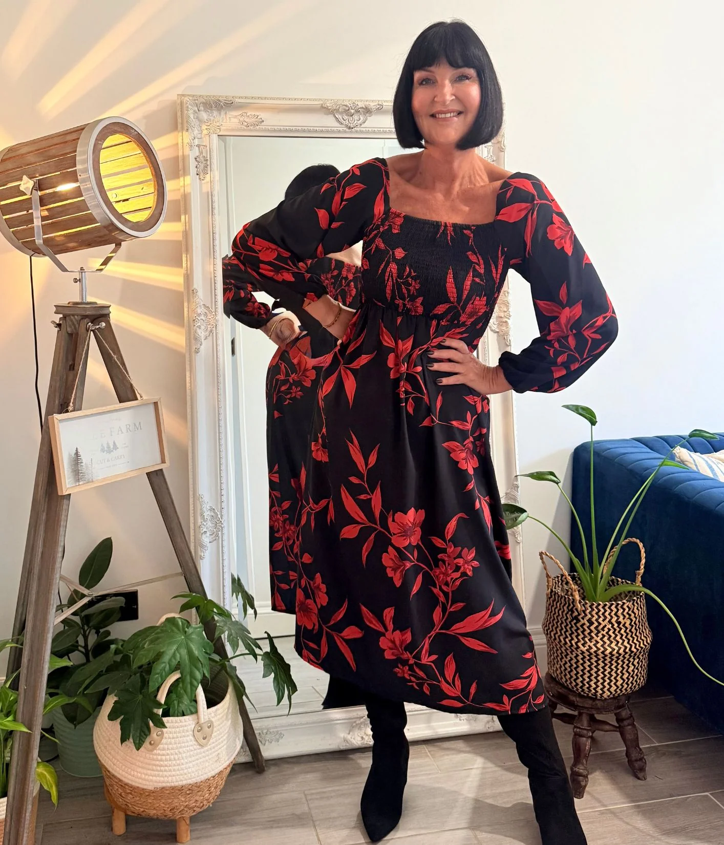 Red & Black Print Shirred Midi Dress - Image 6