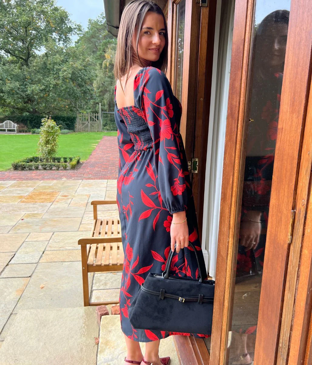 Red & Black Print Shirred Midi Dress - Image 8