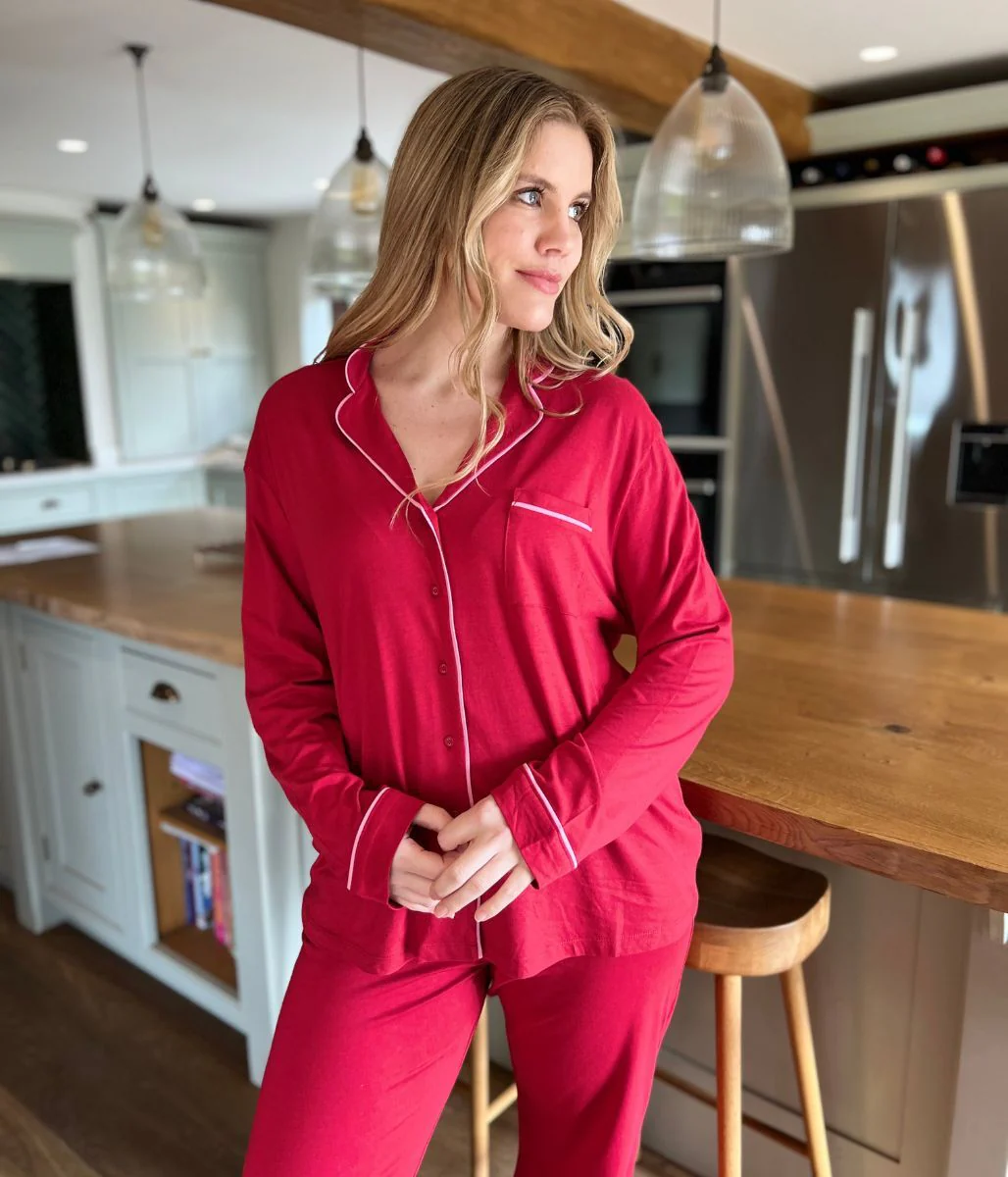 Red Cotton Modal Revere Pyjama Set - Image 2