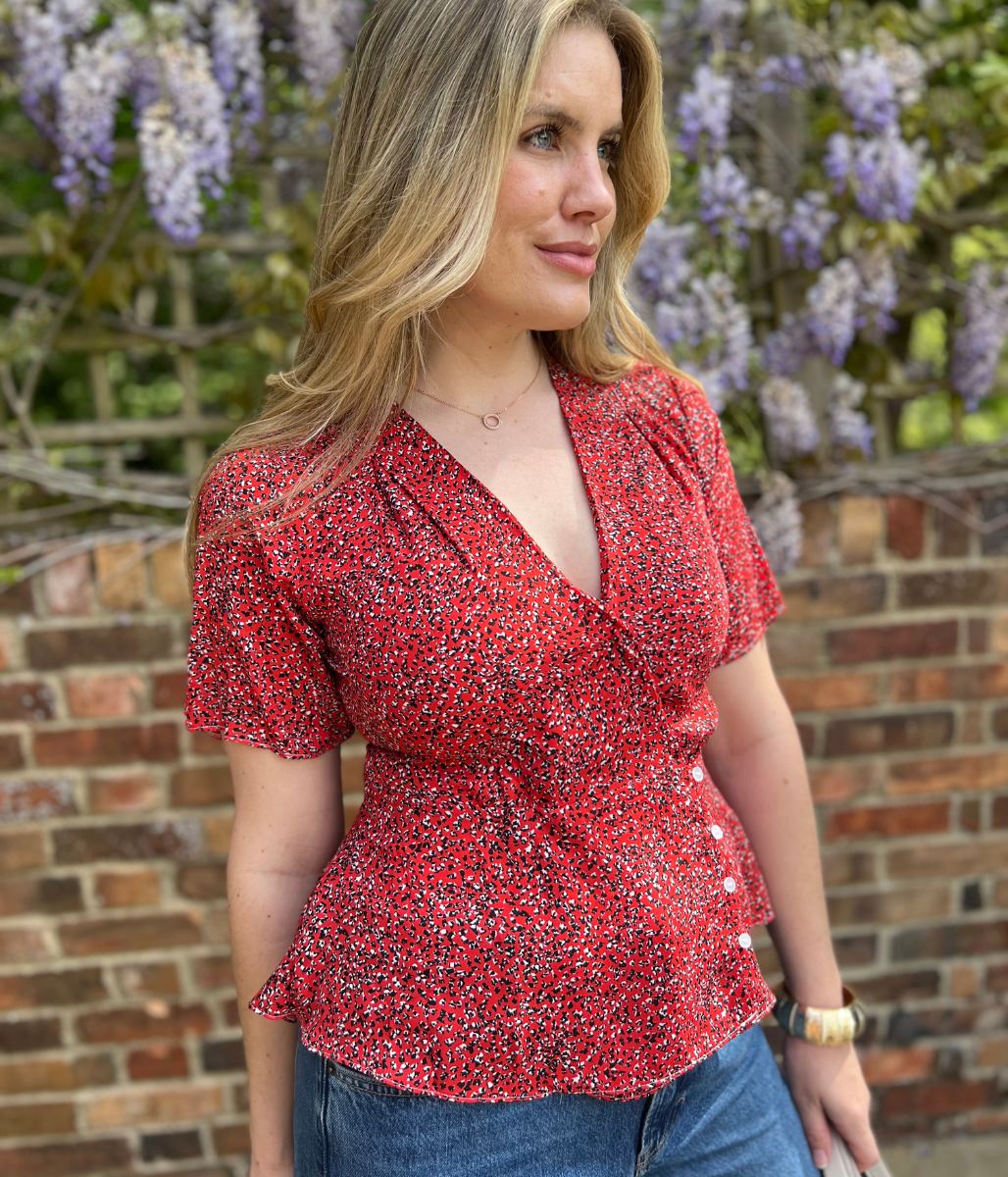 Red Ditsy Print Wrap Blouse