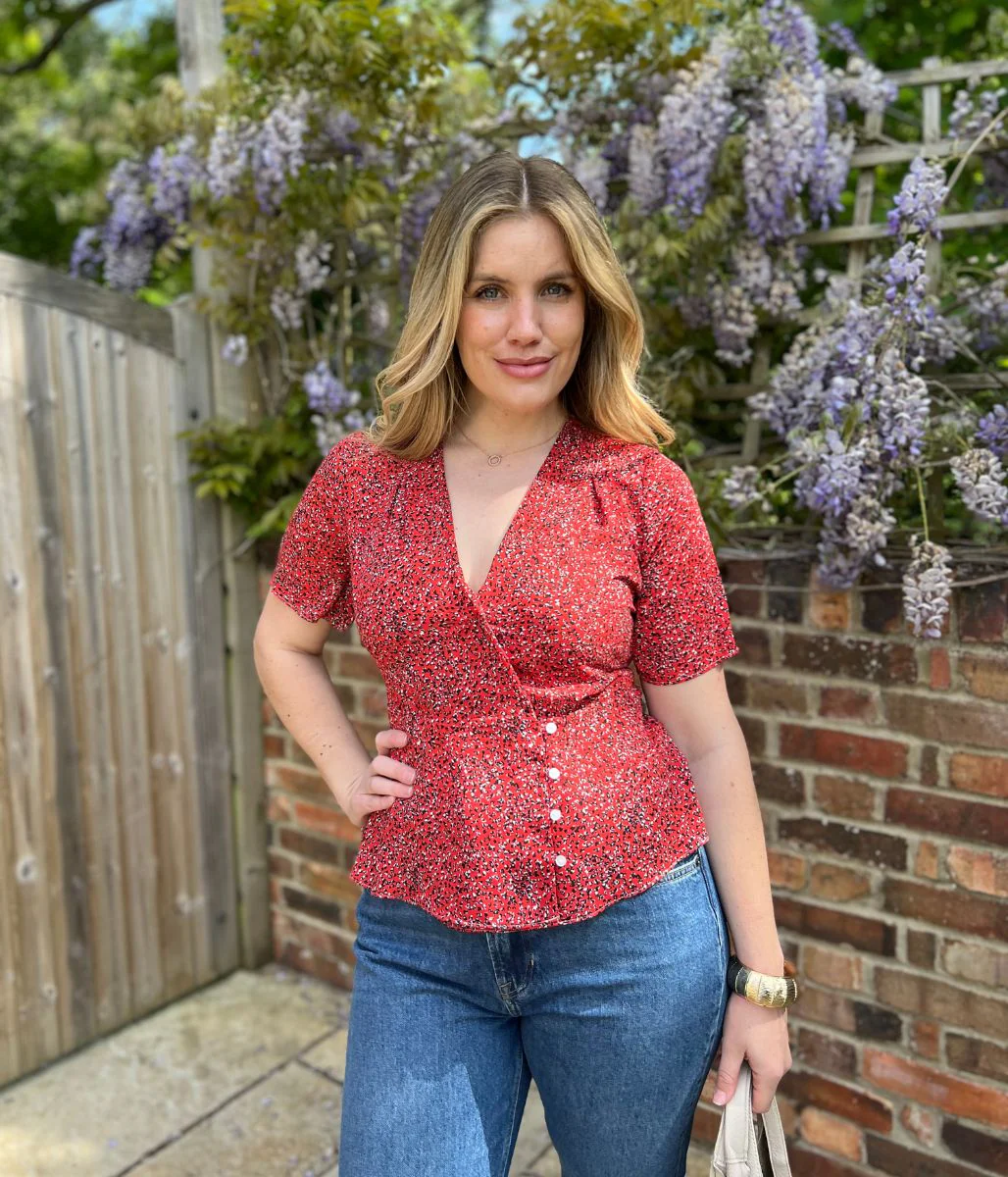 Red Ditsy Print Wrap Blouse - Image 6