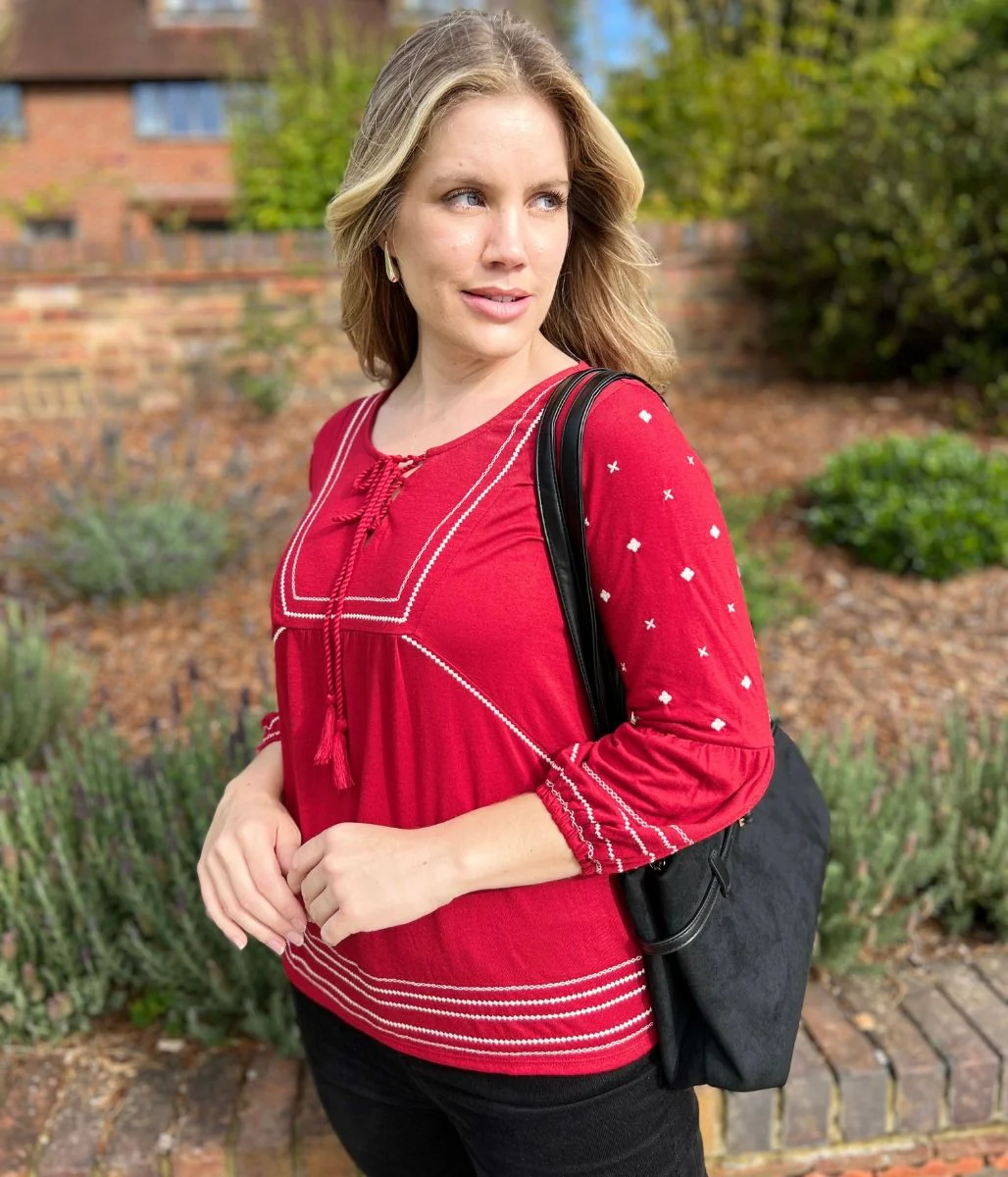 Red Embroidered Long Sleeve Boho Blouse - Image 7