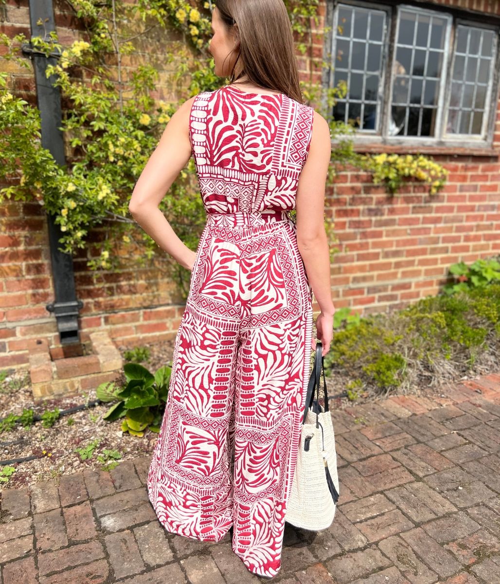 Red Geo Print Belted Jumpsuit - Image 5