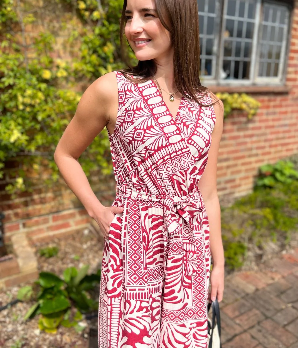 Red Geo Print Belted Jumpsuit - Image 6
