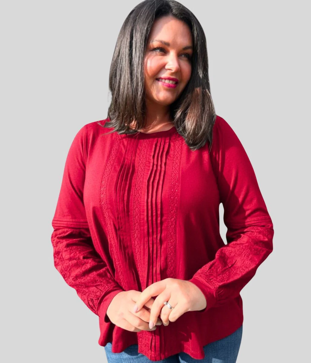 Red Pintuck Long Sleeve Top - Image 2
