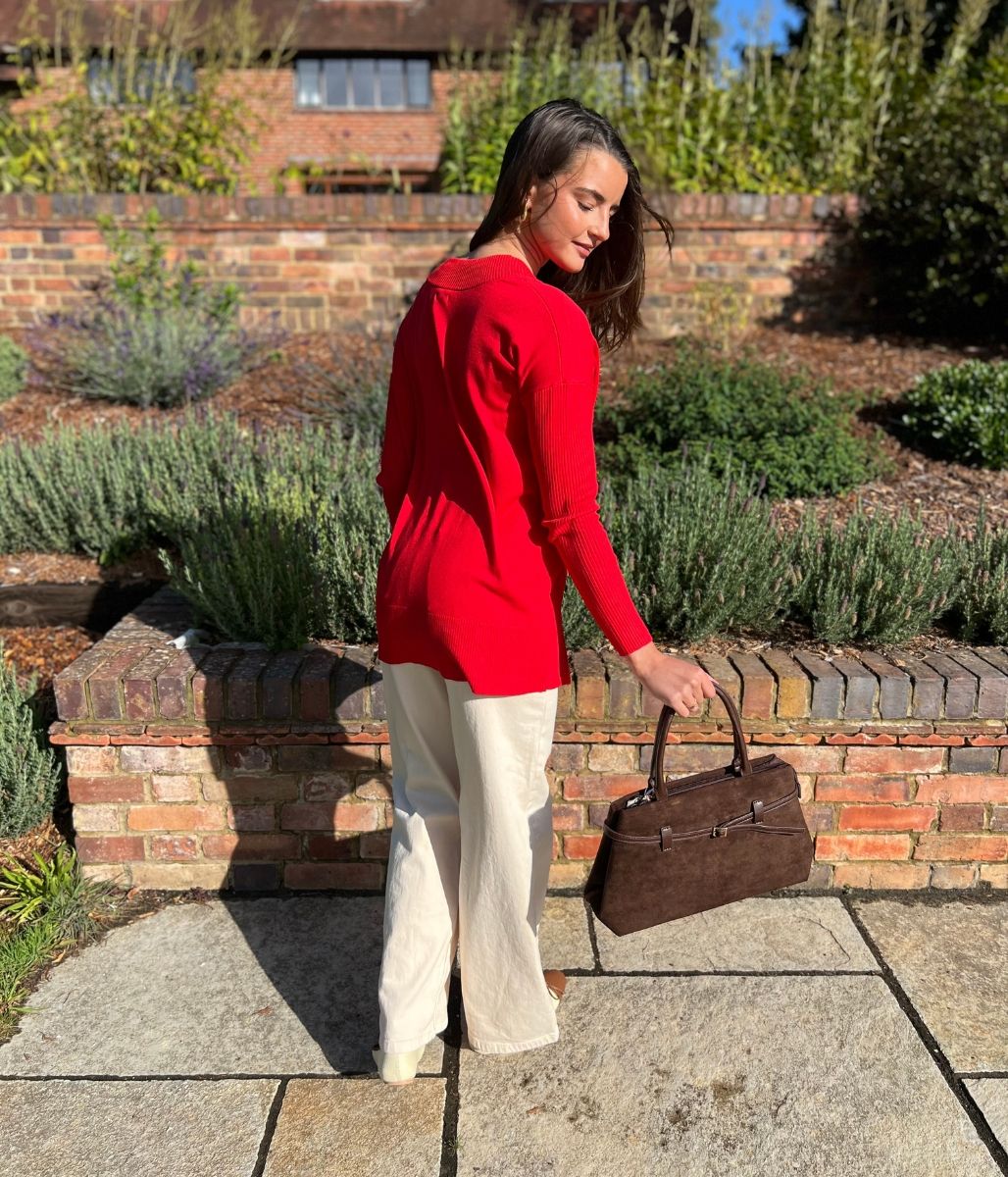 Red Fine Knit V Neck Tunic Jumper - Image 2