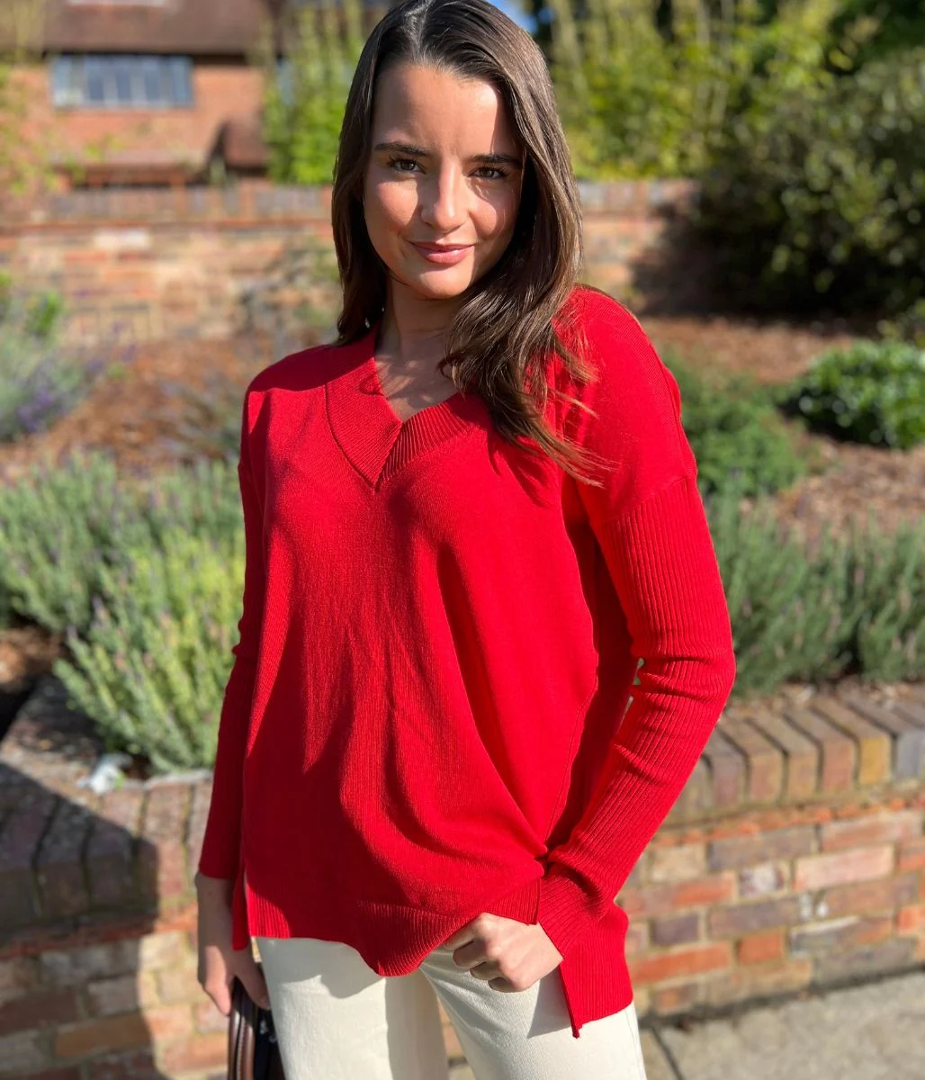 Red Fine Knit V Neck Tunic Jumper - Image 3