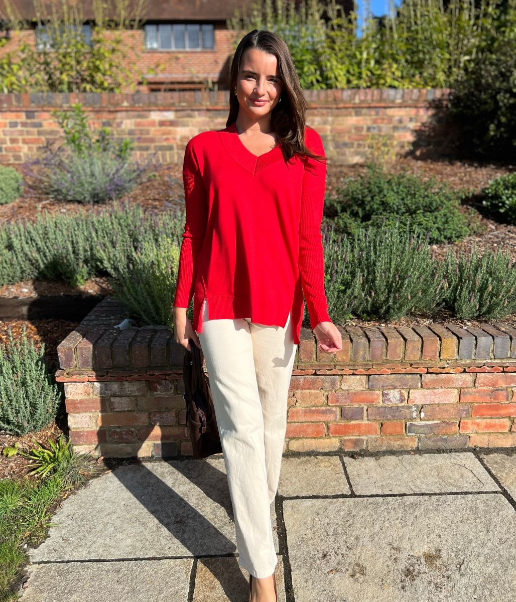 Red Fine Knit V Neck Tunic Jumper - Image 4