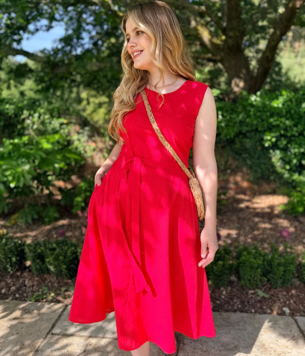 Red Sleeveless Belted Linen Blend Midi Dress