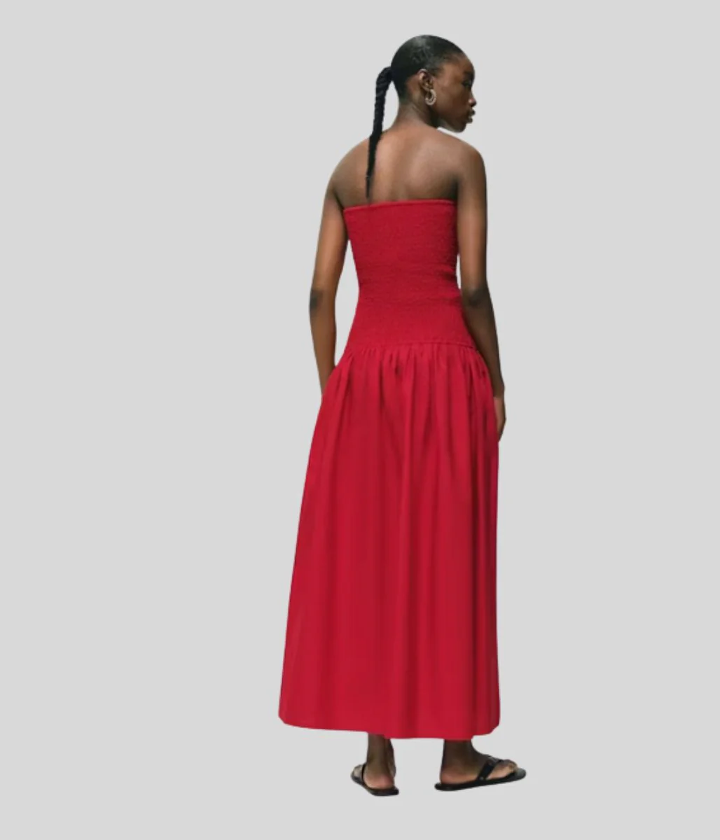 Red Strapless Shirred Maxi Dress - Image 3