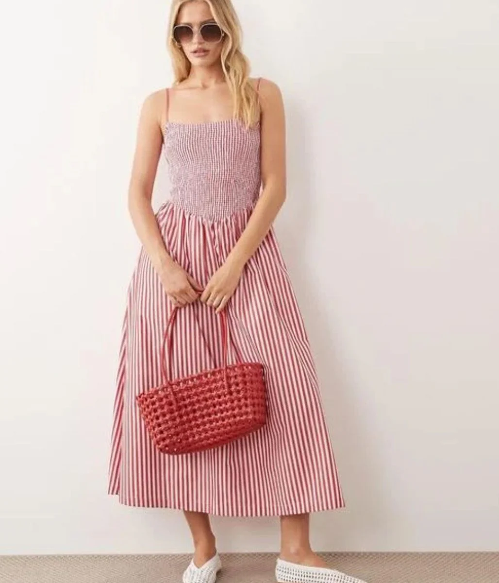 Red Striped Dipped Waist Smocked Midi Dress