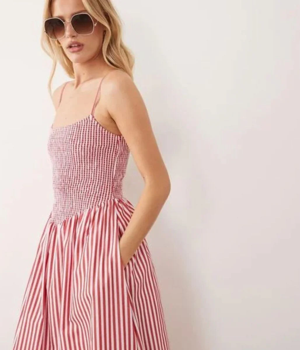 Red Striped Dipped Waist Smocked Midi Dress - Image 2