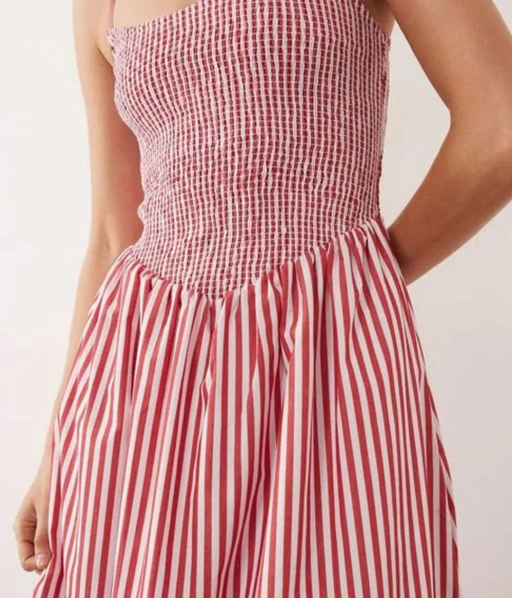 Red Striped Dipped Waist Smocked Midi Dress - Image 3