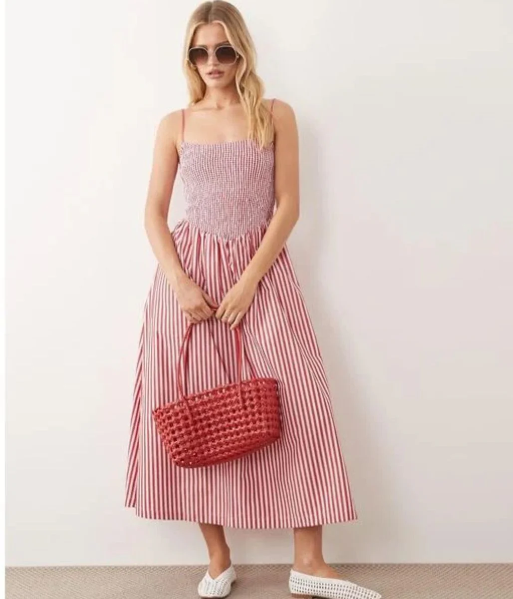 Red Striped Dipped Waist Smocked Midi Dress - Image 4