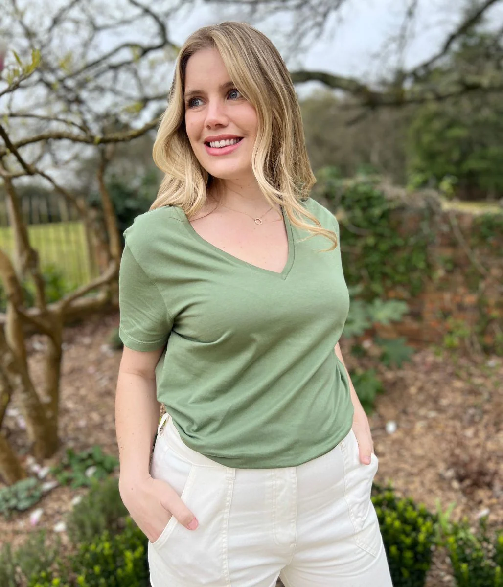 Sage Pure Cotton V Neck T Shirt - Image 3