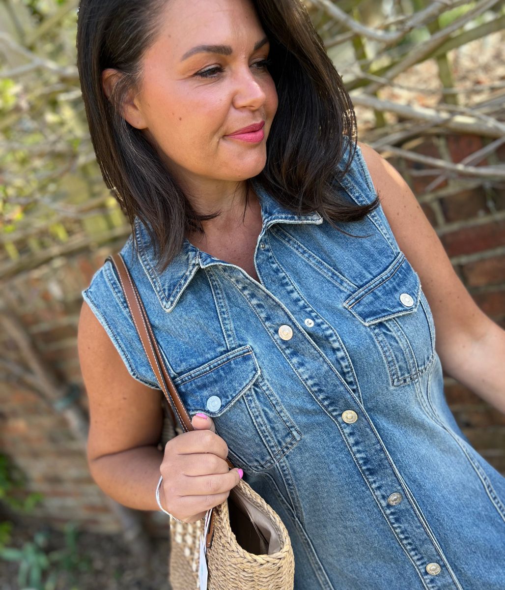Sleeveless Denim Button Through Midi Dress - Image 3