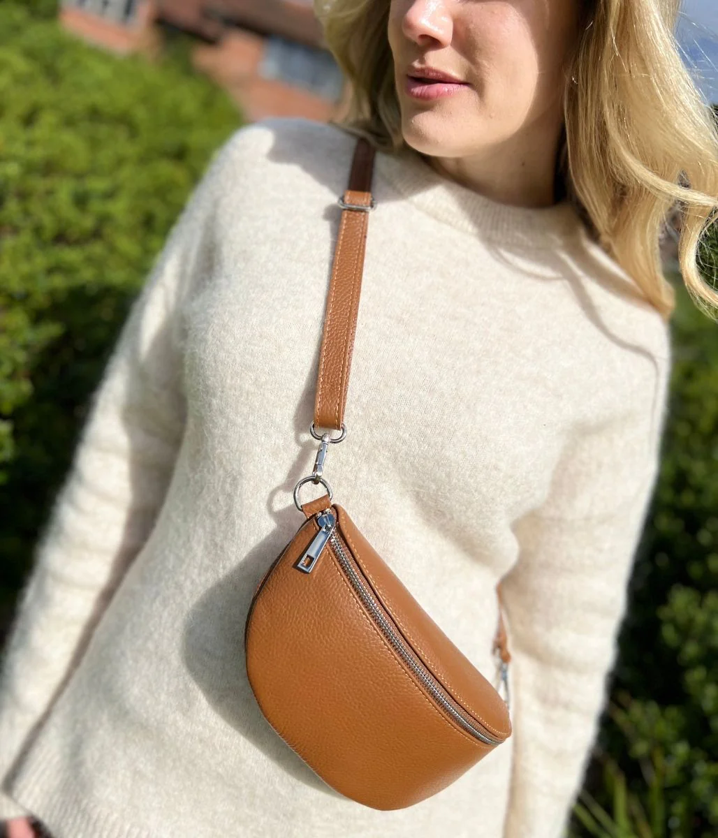 Tan Leather Sling Crossbody Bag - Image 3