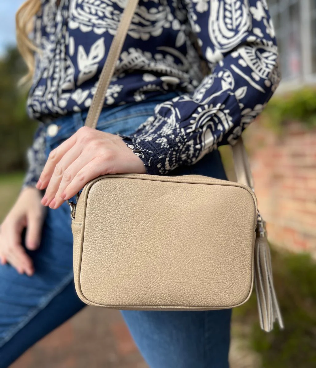 Taupe Leather Tassel Camera Bag