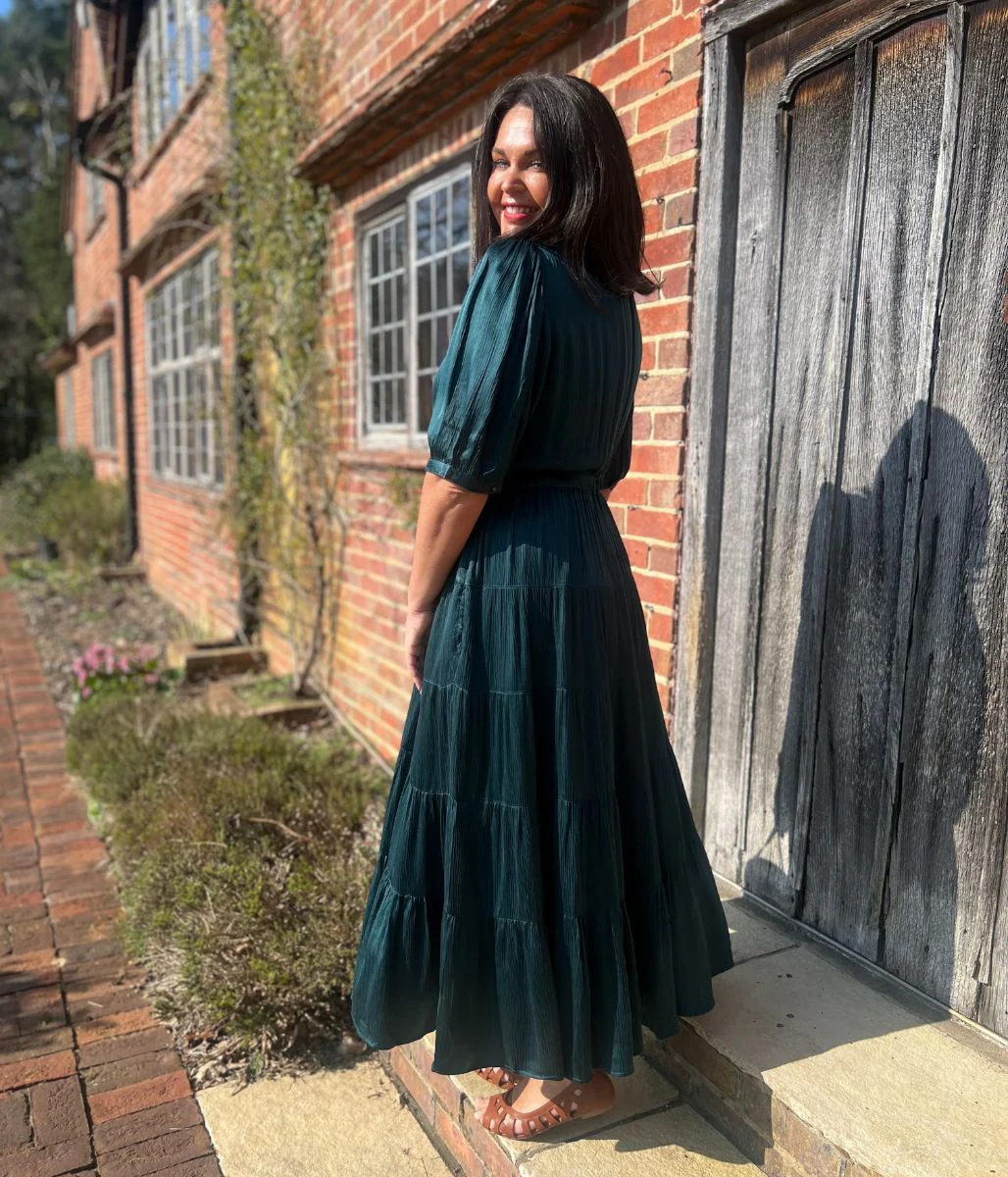 Teal Elle Tiered Satin Dress - Image 10