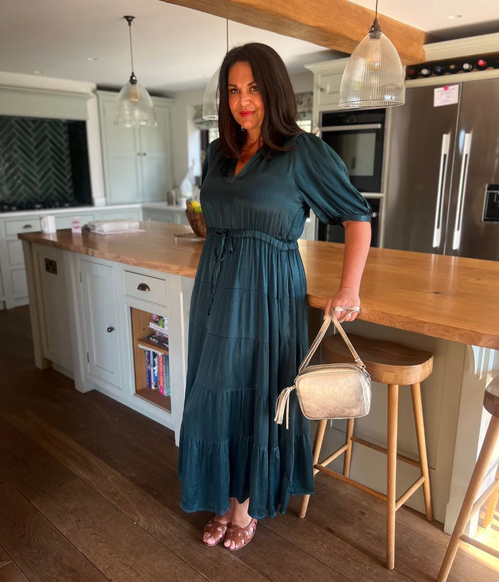Teal Elle Tiered Satin Dress - Image 11