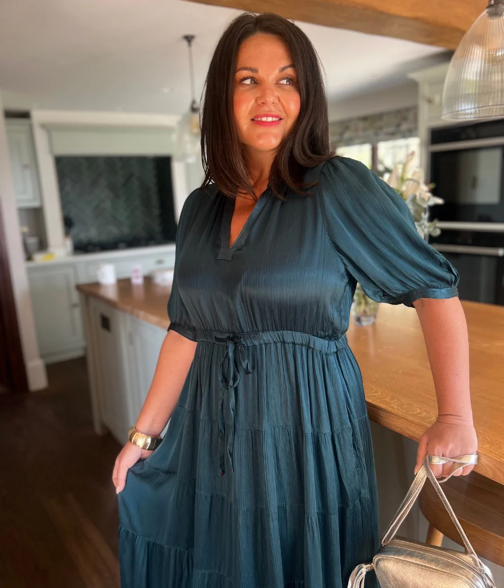Teal Elle Tiered Satin Dress - Image 4