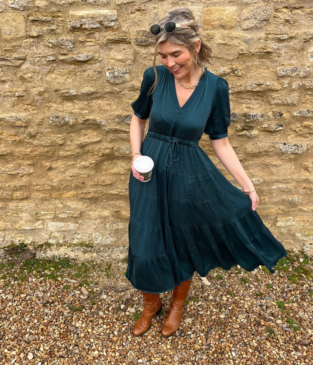 Teal Elle Tiered Satin Dress - Image 6