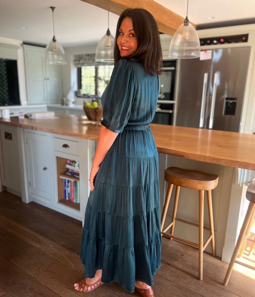 Teal Elle Tiered Satin Dress - Image 8