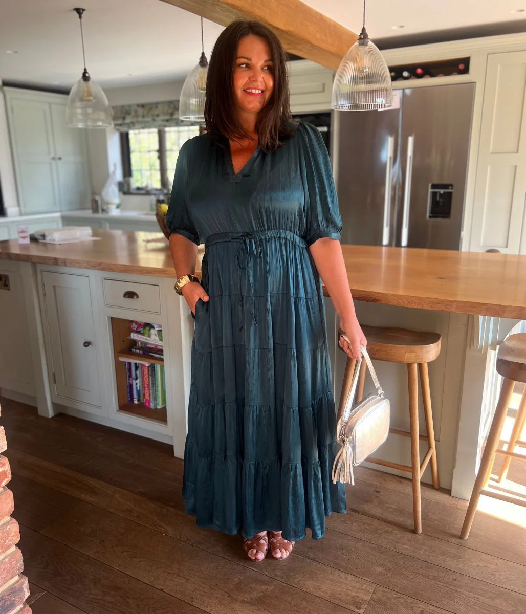 Teal Elle Tiered Satin Dress - Image 9