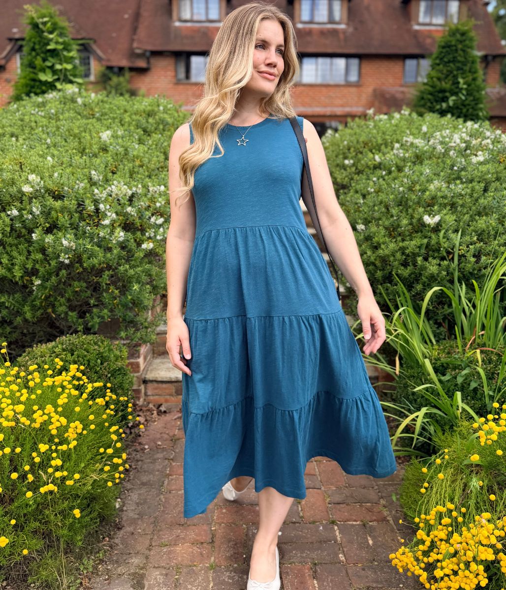 Teal Sleeveless Cotton Slub Jersey Tiered Midi Dress - Image 6