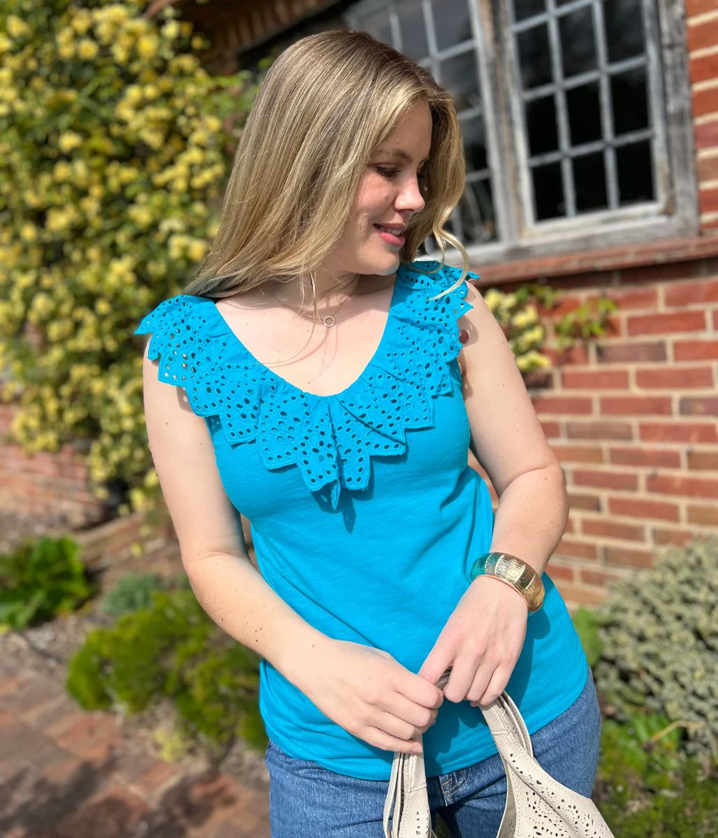 Turquoise Border Anglaise Vest Top