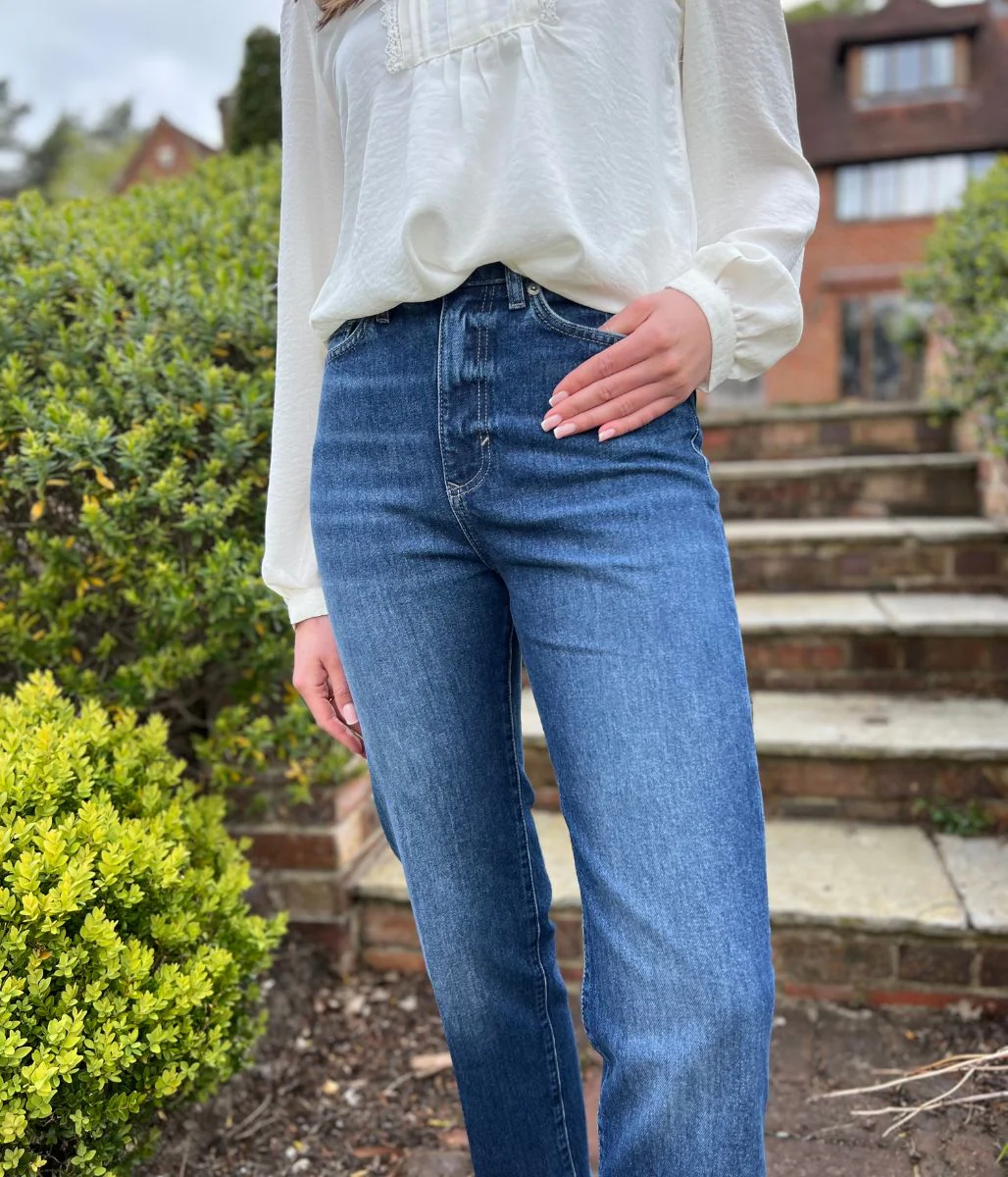 Vintage Wash Denim Straight Leg High Rise Jeans - Image 10