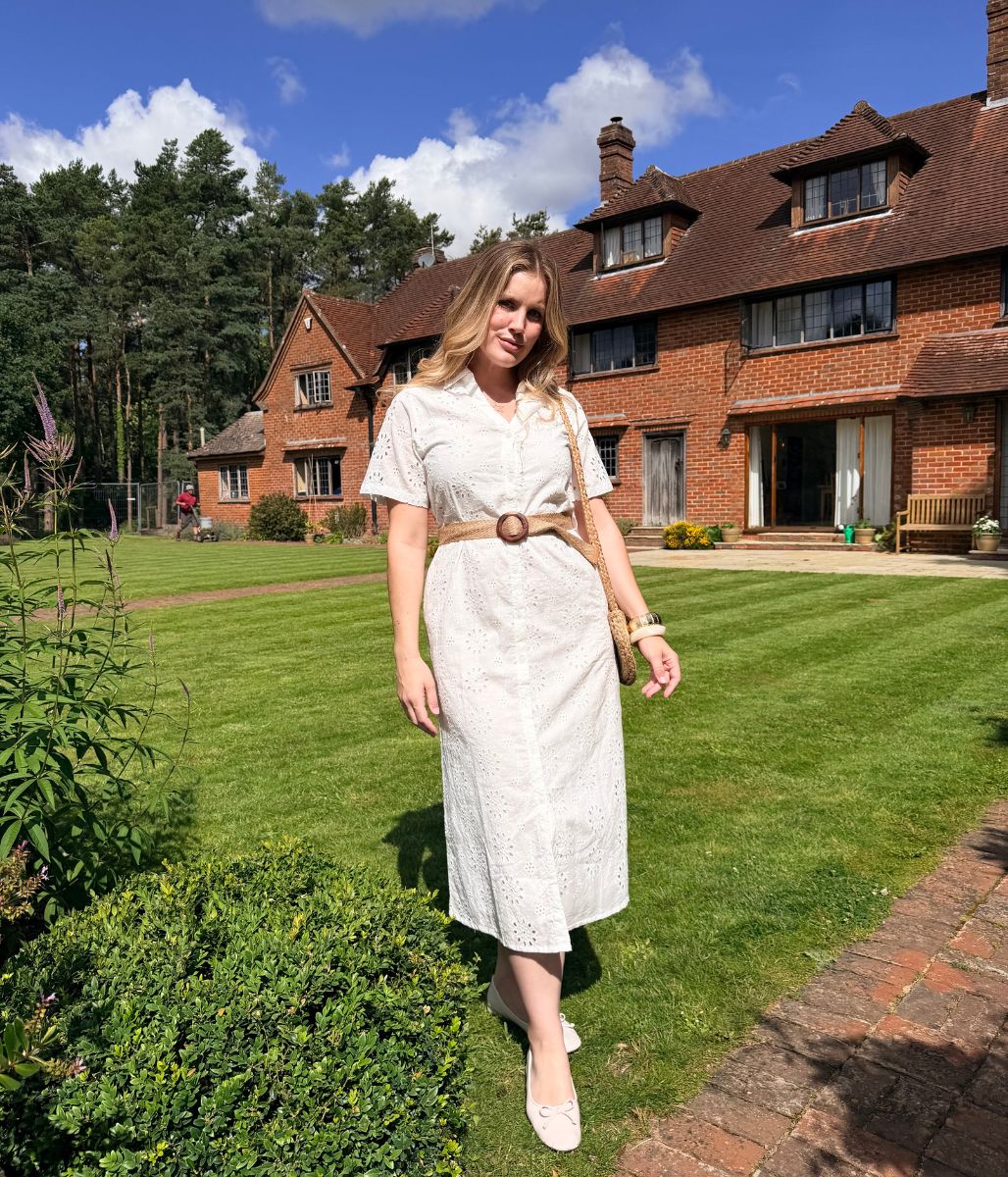White Belted Broderie Anglaise Shirt Dress