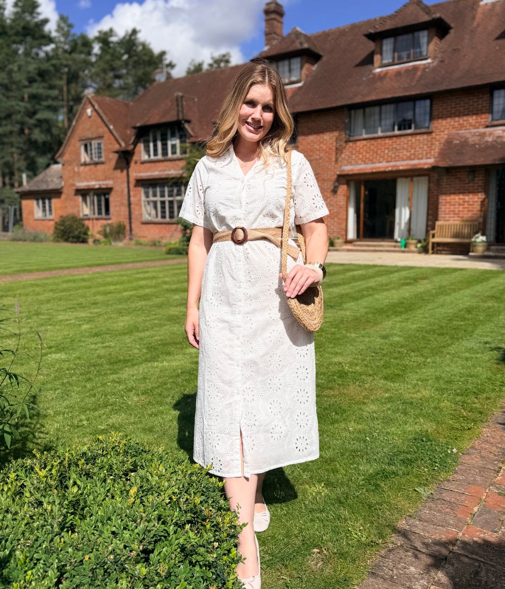 White Belted Broderie Anglaise Shirt Dress - Image 2
