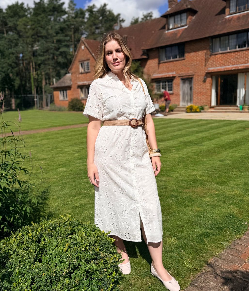 White Belted Broderie Anglaise Shirt Dress - Image 4