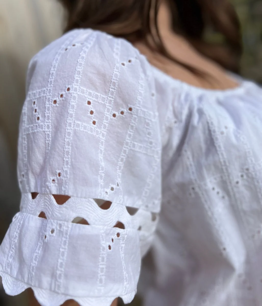 White Broderie Short Sleeve Ric Rac Top - Image 3