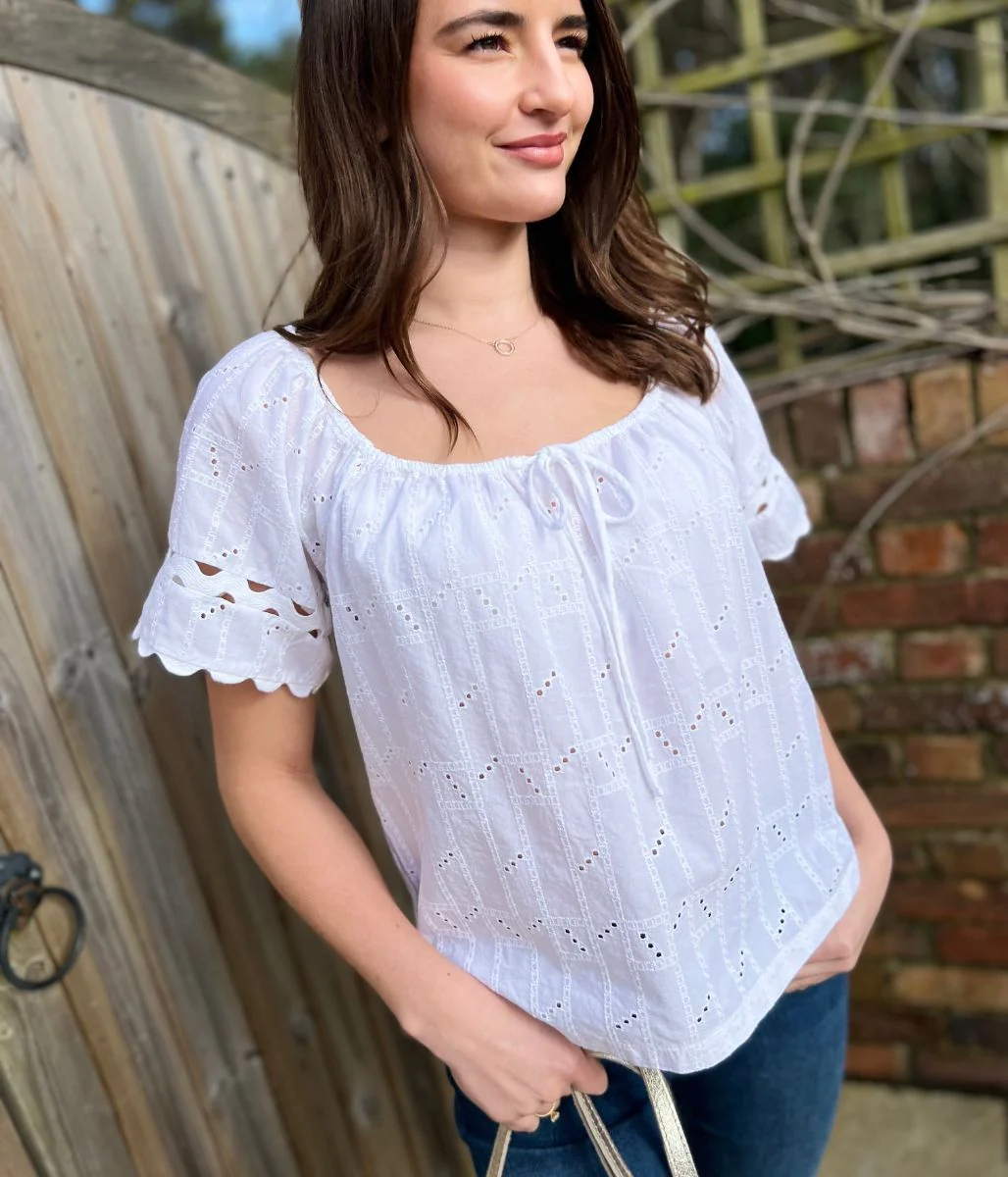 White Broderie Short Sleeve Ric Rac Top - Image 5