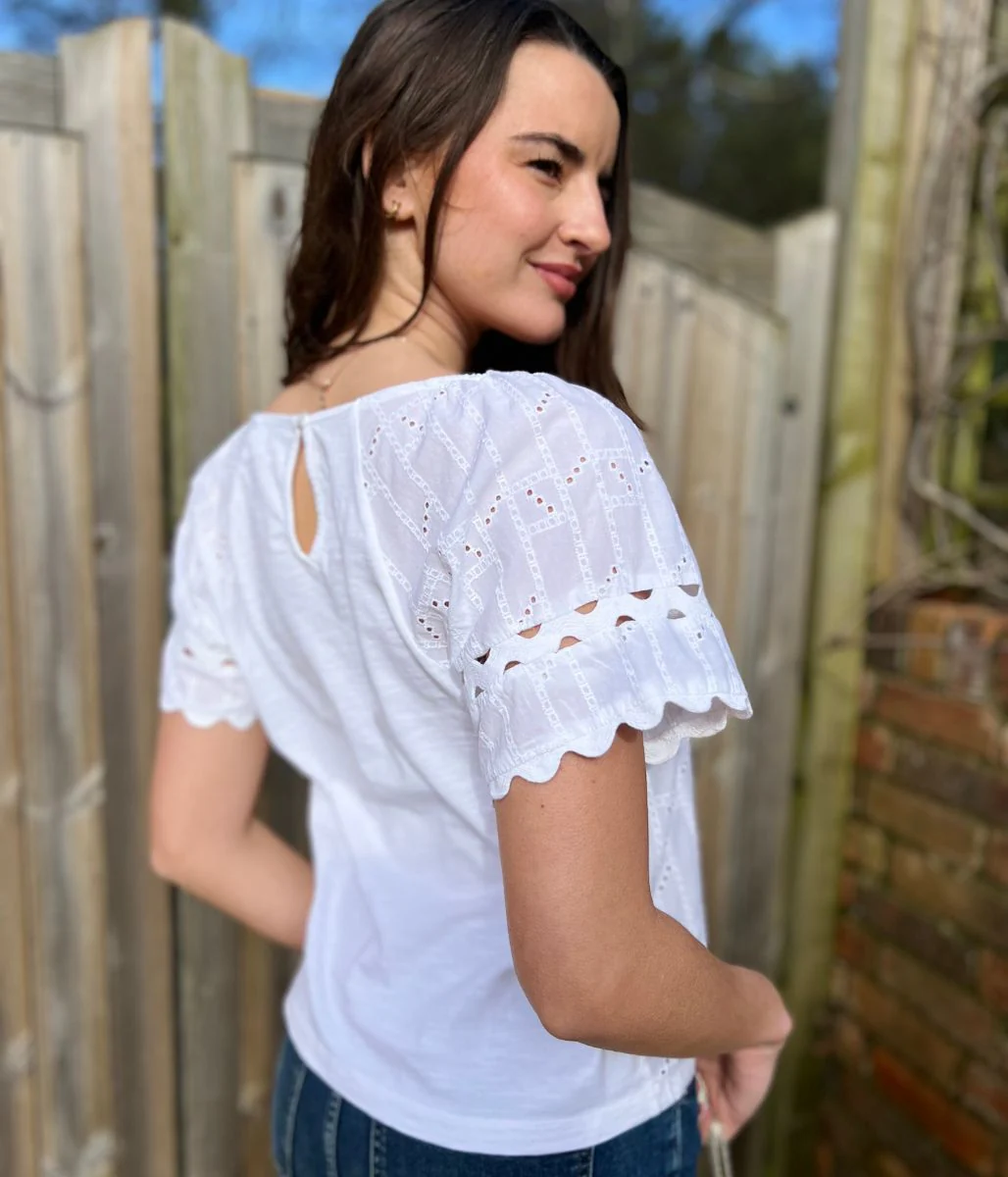 White Broderie Short Sleeve Ric Rac Top - Image 6