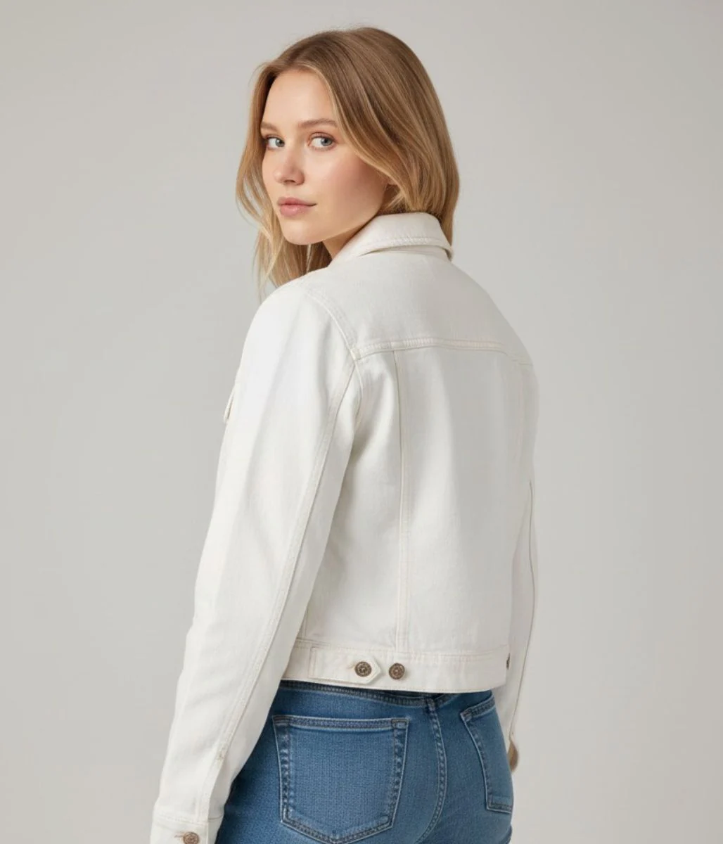 White Denim Fitted Cropped Trucker Jacket - Image 11