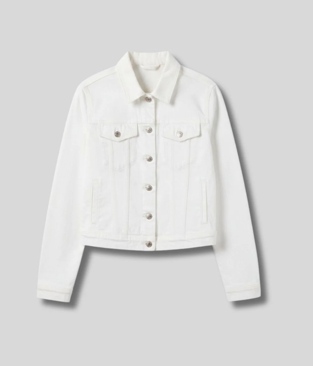 White Denim Fitted Cropped Trucker Jacket - Image 9